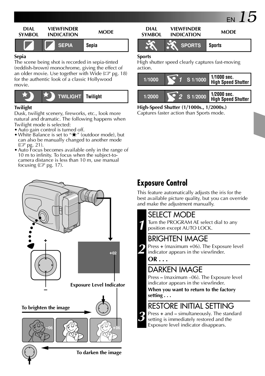 JVC LYT0002-019A, GR-AX370 manual Exposure Control, Brighten Image, Darken Image, Restore Initial Setting 