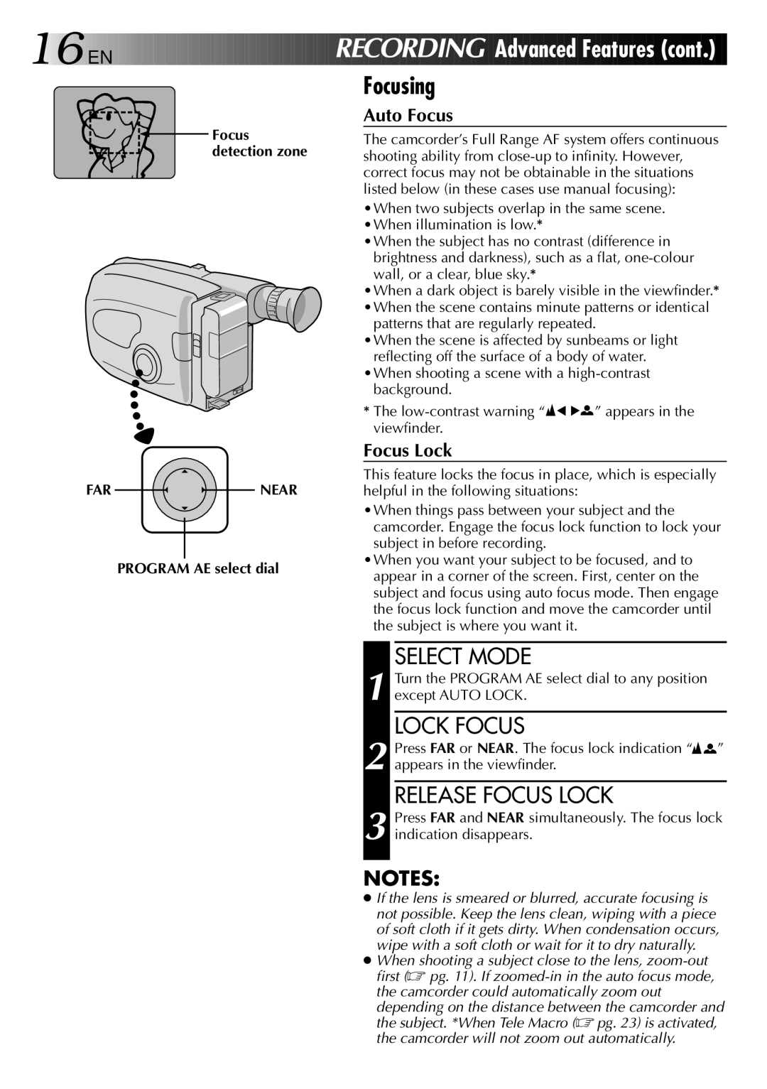 JVC GR-AX370, LYT0002-019A manual Focusing, Lock Focus, Release Focus Lock, FAR Near, Patterns that are regularly repeated 