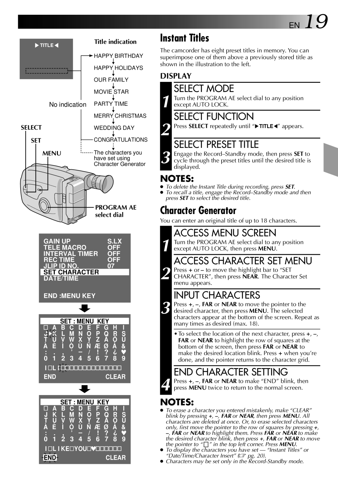 JVC LYT0002-019A, GR-AX370 manual Instant Titles, Character Generator 