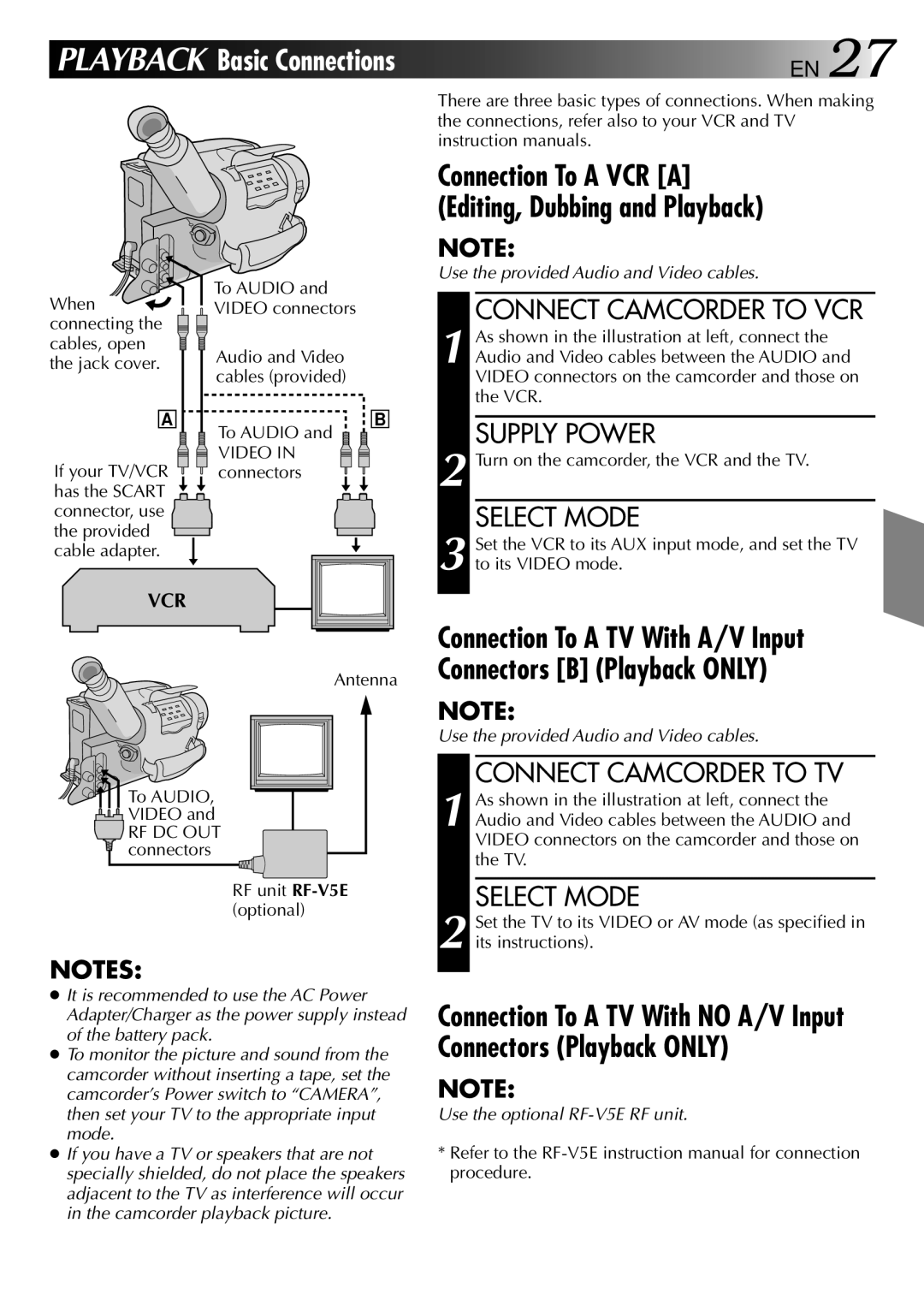 JVC LYT0002-019A, GR-AX370 manual Connect Camcorder to VCR, Connect Camcorder to TV 