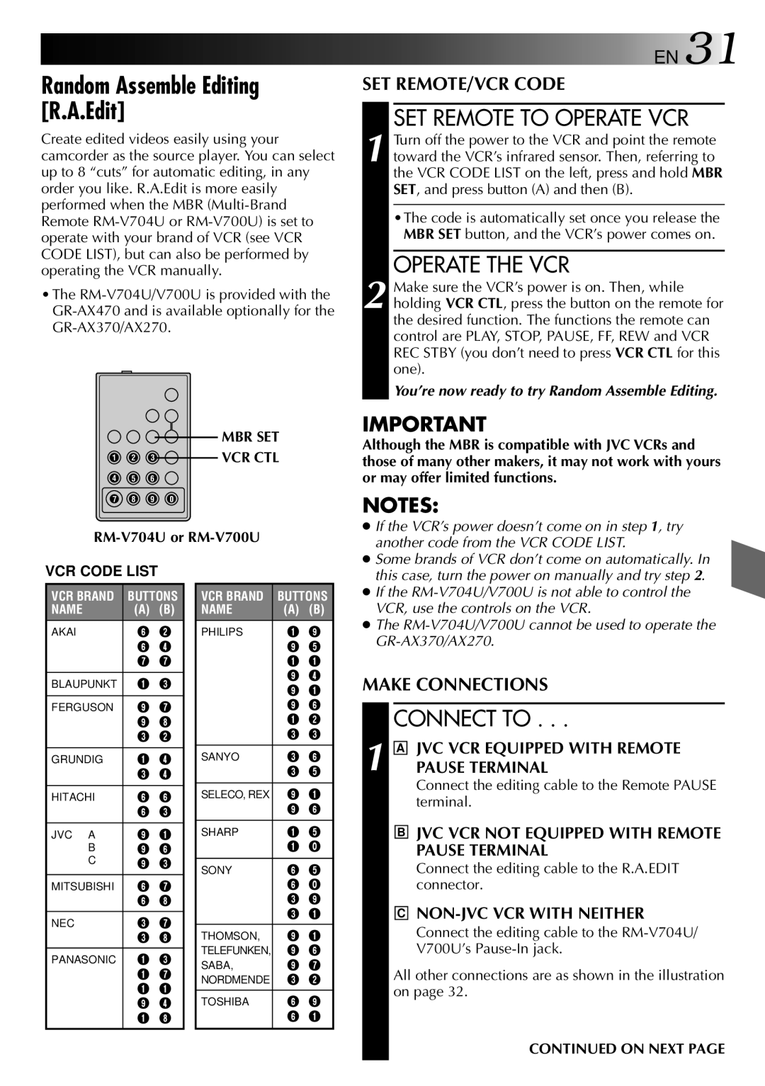 JVC LYT0002-019A manual Random Assemble Editing R.A.Edit, SET Remote to Operate VCR, Operate the VCR, Connect to, On Next 