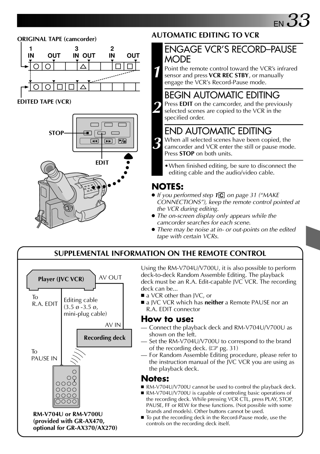 JVC LYT0002-019A, GR-AX370 manual Begin Automatic Editing, END Automatic Editing, Edited Tape VCR Stop 