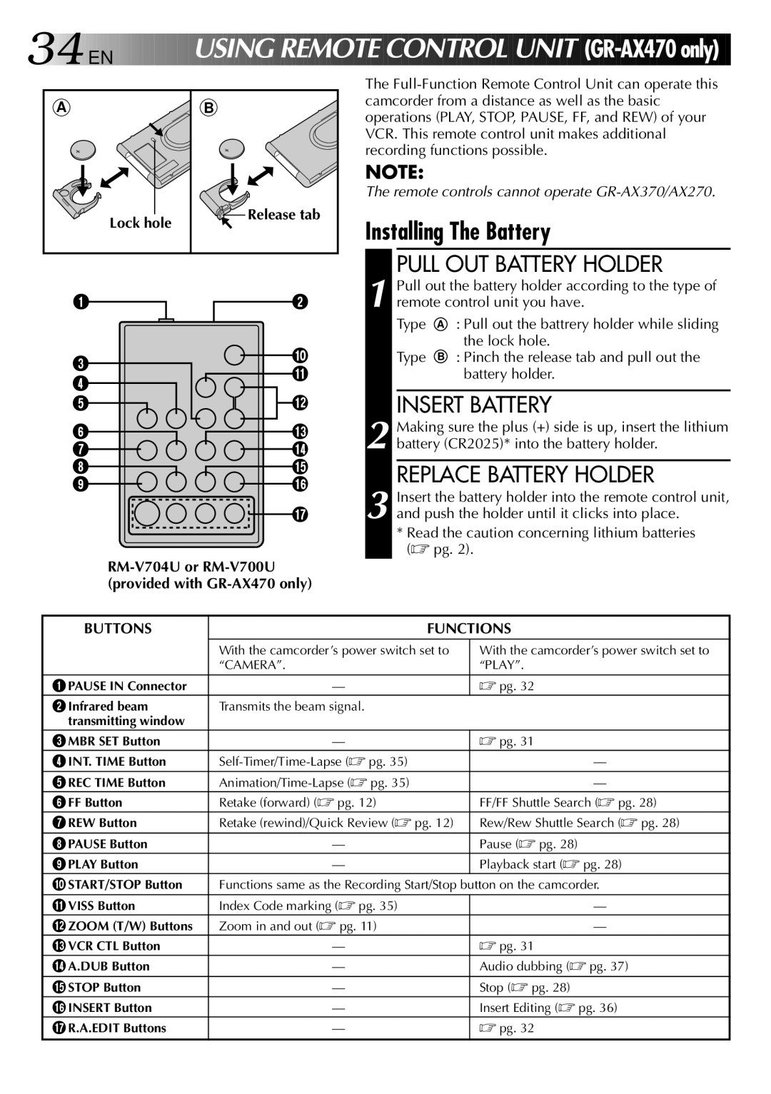 JVC GR-AX370, LYT0002-019A Installing The Battery, Pull OUT Battery Holder, Replace Battery Holder, Lock hole Release tab 