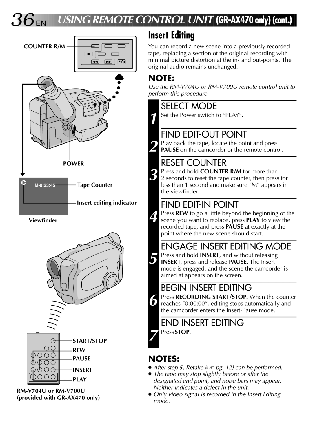 JVC GR-AX370, LYT0002-019A manual Counter R/M, Insert editing indicator Viewfinder, START/STOP REW Pause Insert Play 