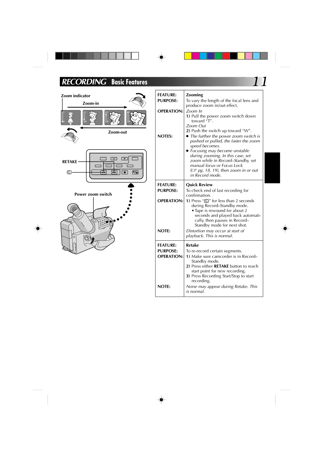 JVC GR-AX260, GR-AX460, GR-AX360 manual Retake, Feature, Purpose, Operation 