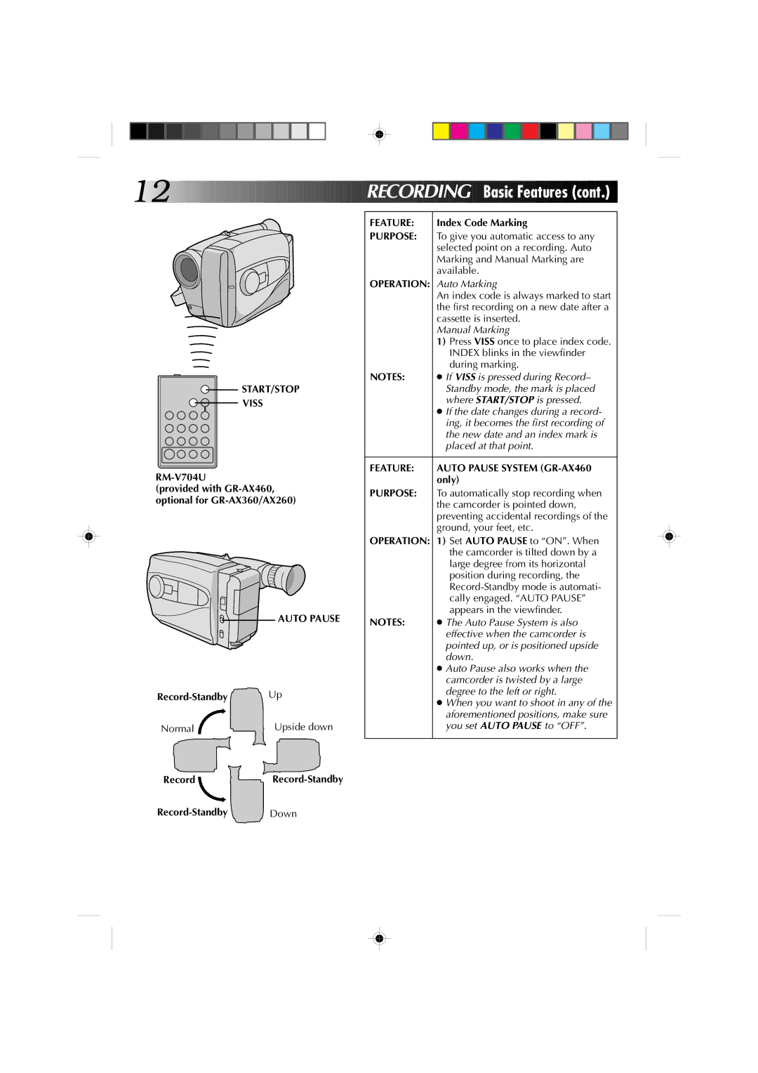 JVC GR-AX360, GR-AX260 manual REC Ording Basic Featur es, START/STOP Viss, Feature Auto Pause System GR-AX460 