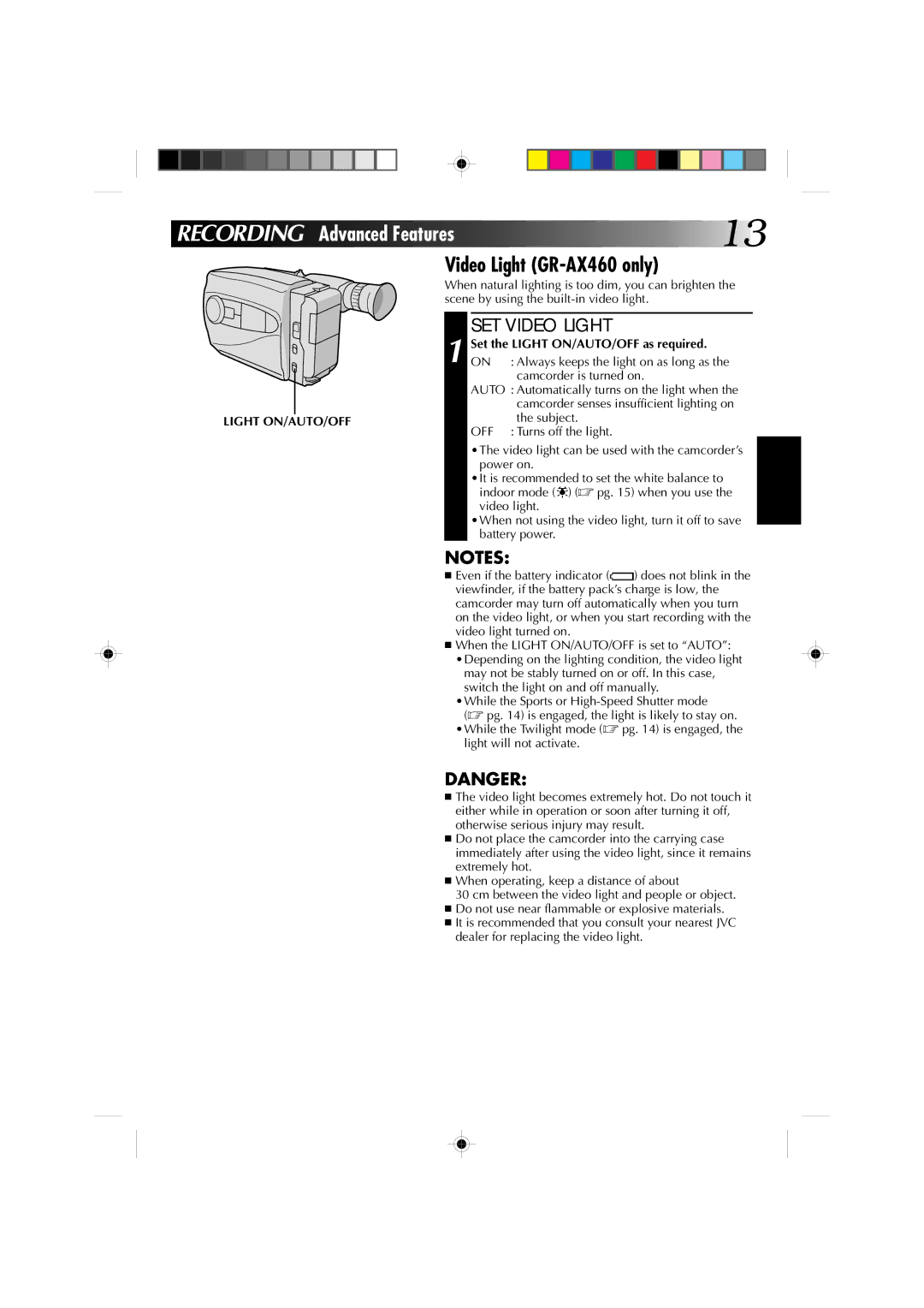 JVC GR-AX360, GR-AX260 manual Recording Advanced Features, Video Light GR-AX460 only, SET Video Light, Light ON/AUTO/OFF 