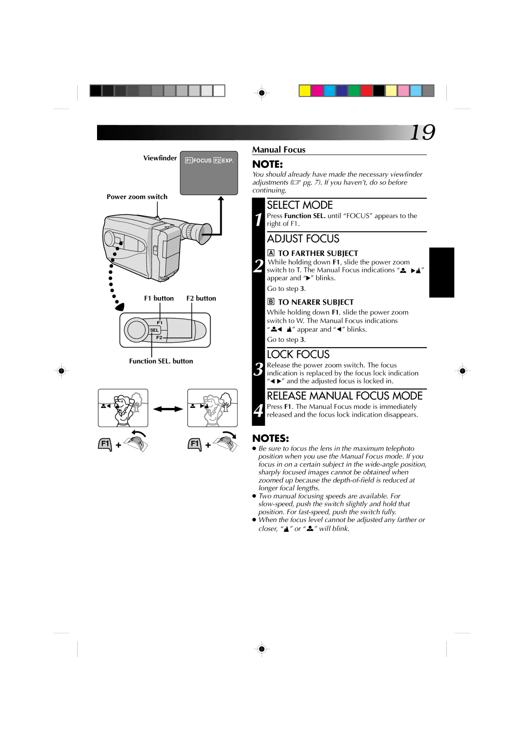 JVC GR-AX360, GR-AX460, GR-AX260 manual Release Manual Focus Mode, Viewfinder Power zoom switch F1 button, F2 button 