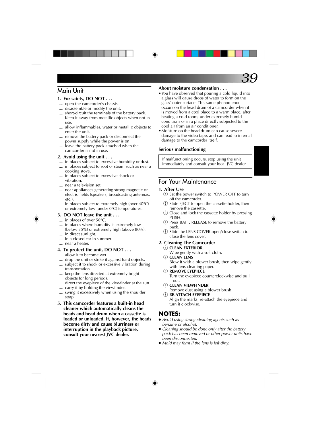 JVC GR-AX460 manual For safety, do not, Avoid using the unit, Do not leave the unit, To protect the unit, do not, After Use 