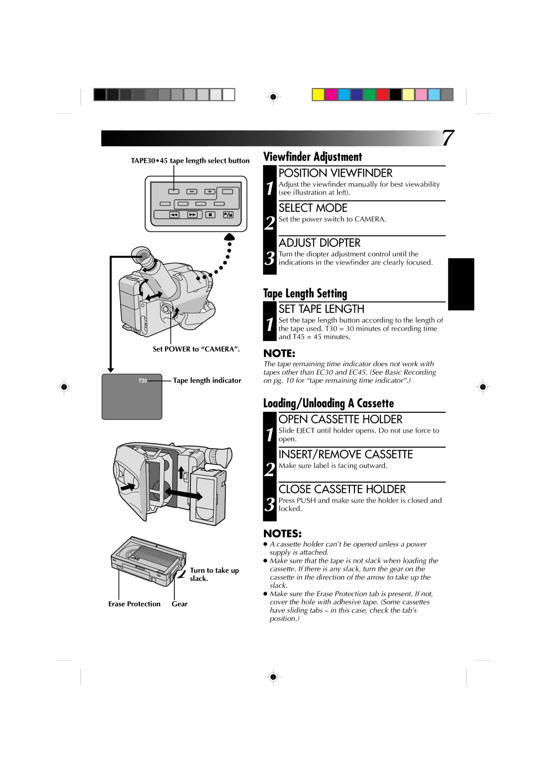 JVC GR-AX360, GR-AX460, GR-AX260 manual Viewfinder Adjustment, Tape Length Setting, Loading/Unloading a Cassette 