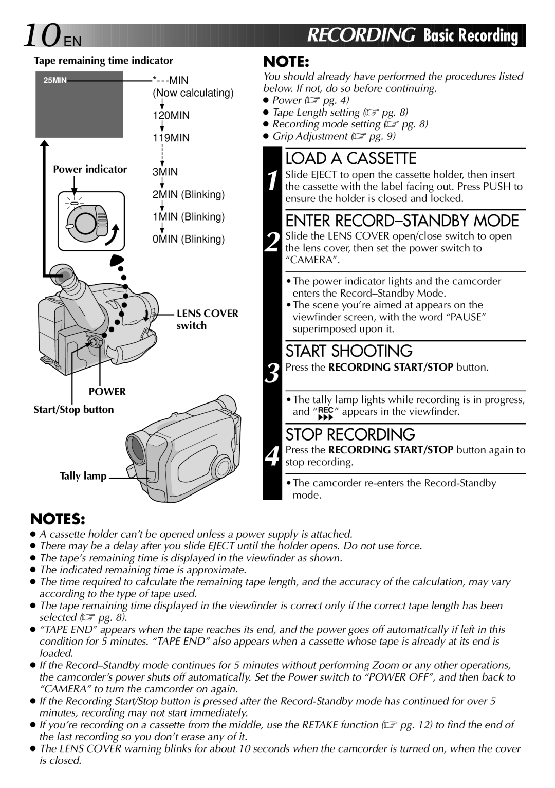 JVC GR-AX470, LYT0002-073A manual Load a Cassette, Enter RECORD-STANDBY Mode, Start Shooting, Stop Recording 