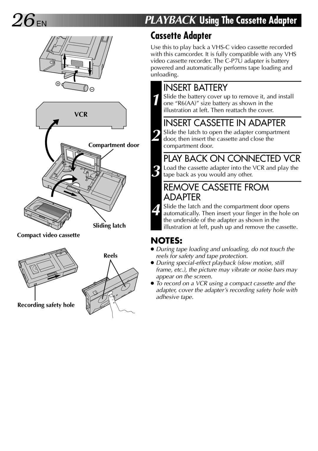 JVC GR-AX470 manual Cassette Adapter, Insert Cassette in Adapter, Play Back on Connected VCR, Remove Cassette from Adapter 