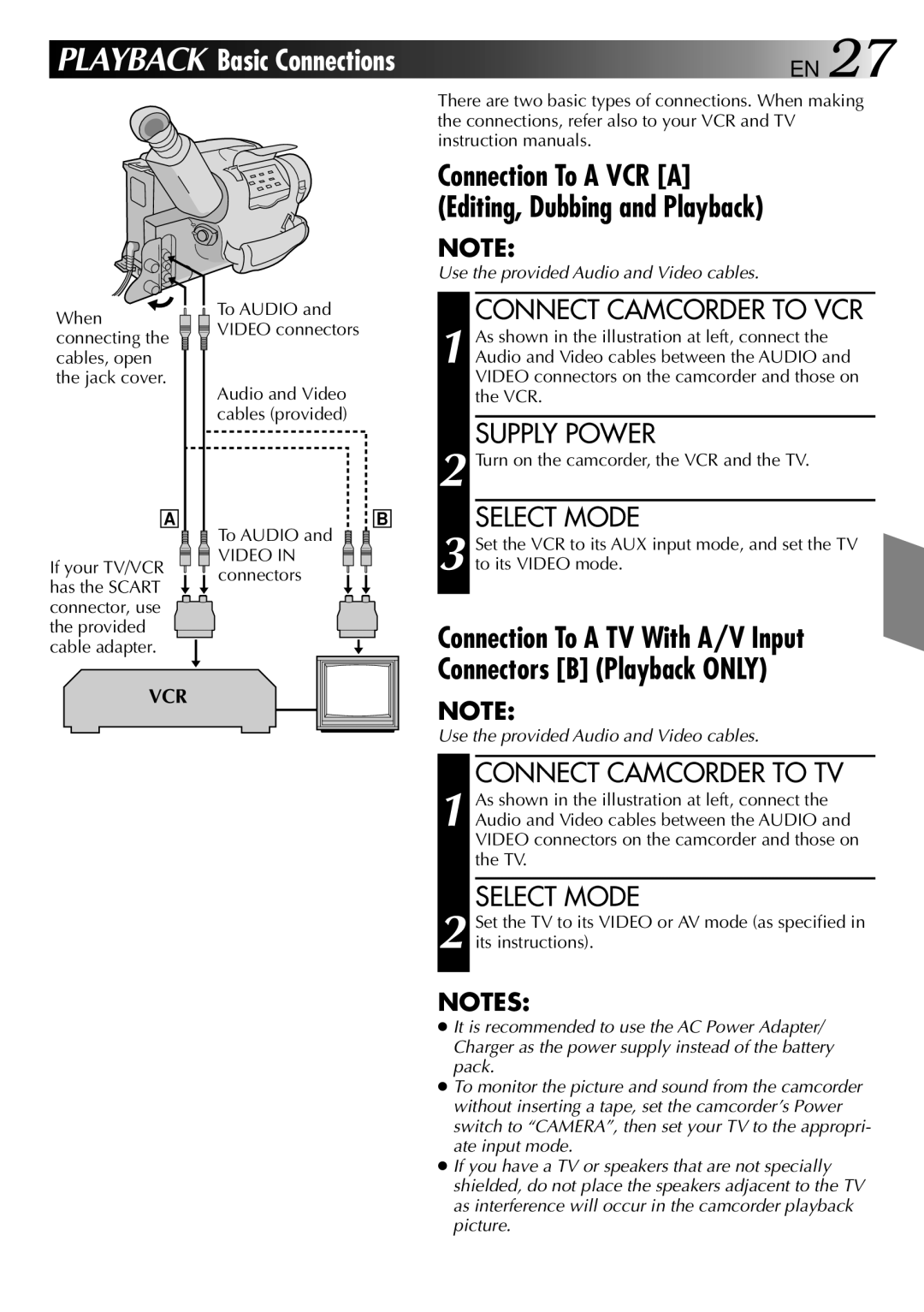 JVC LYT0002-073A, GR-AX470 manual Connect Camcorder to VCR, Connect Camcorder to TV, To Audio and Video connectors 