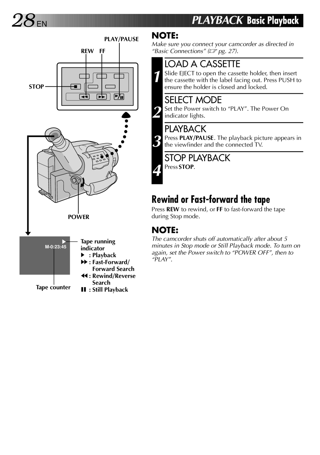 JVC GR-AX470, LYT0002-073A manual Rewind or Fast-forward the tape, Stop Playback, PLAY/PAUSE REW FF Stop Power 