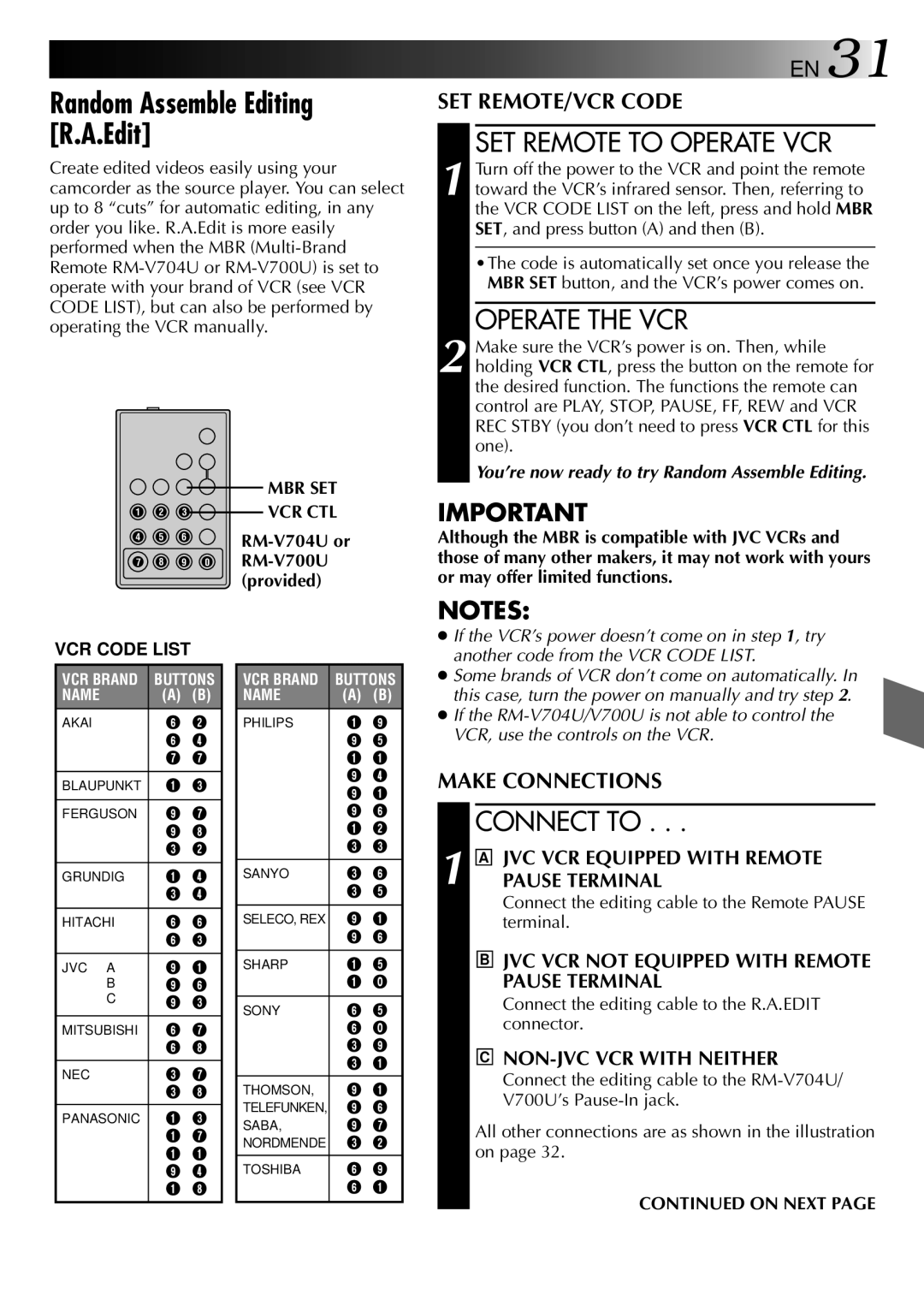 JVC LYT0002-073A, GR-AX470 manual Random Assemble Editing R.A.Edit, SET Remote to Operate VCR, Operate the VCR, Connect to 