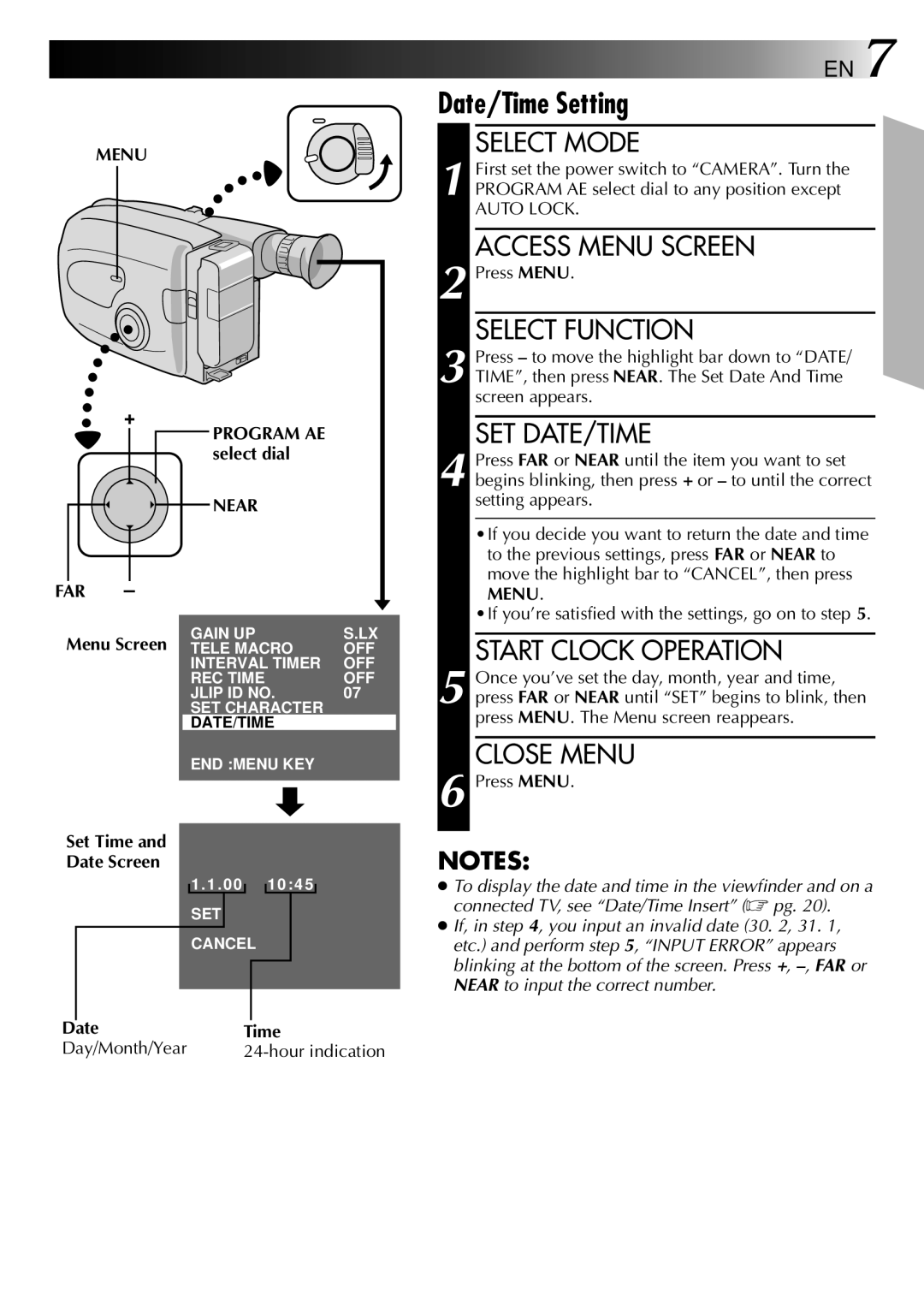 JVC LYT0002-073A, GR-AX470 manual Start Clock Operation, Close Menu, Program AE select dial, Near 