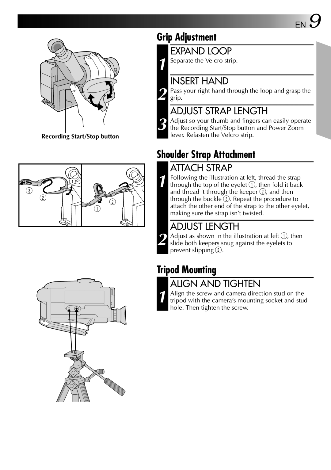 JVC LYT0002-073A, GR-AX470 manual Grip Adjustment, Shoulder Strap Attachment, Tripod Mounting 