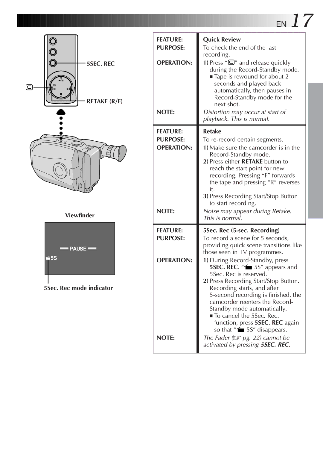 JVC GR-AX280, GR-AX480 specifications 5SEC. REC Retake R/F, 5Sec. Rec mode indicator, Feature, Quick Review 