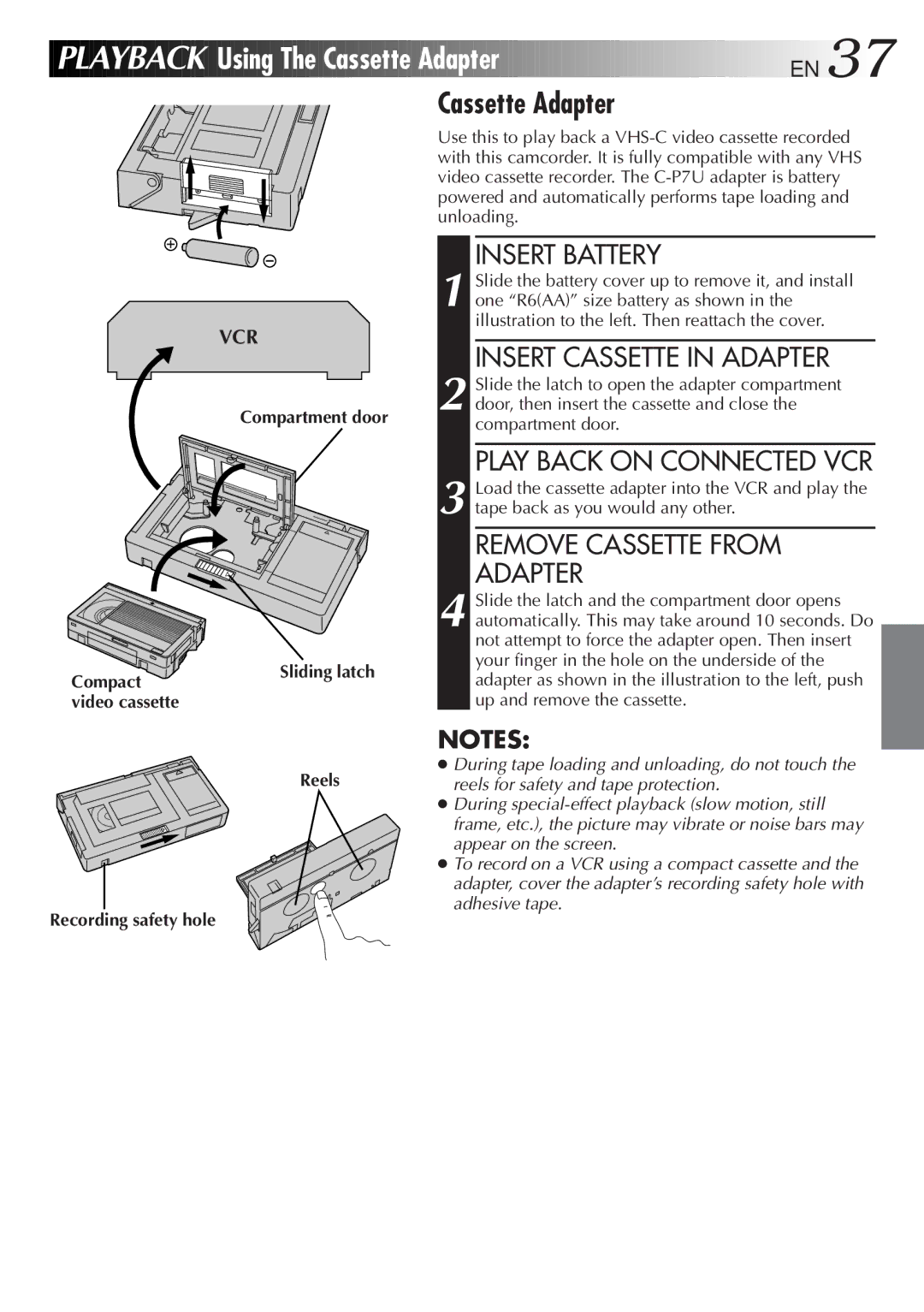 JVC GR-AX280, GR-AX480 specifications Using The Cassette Adapter EN, Insert Cassette in Adapter, Play Back on Connected VCR 