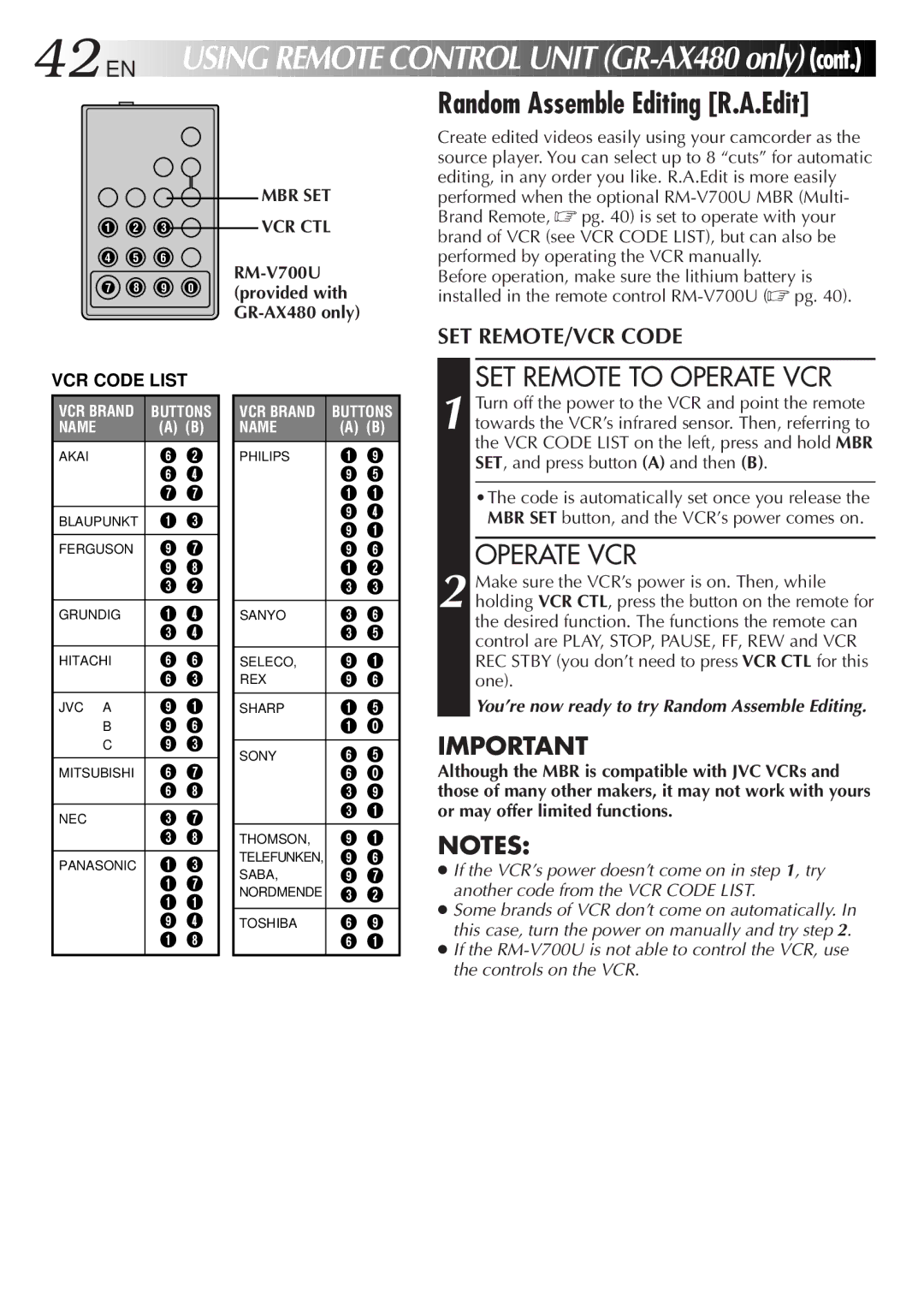 JVC GR-AX480, GR-AX280 specifications Random Assemble Editing R.A.Edit, SET Remote to Operate VCR, Mbr Set, RM-V700U 