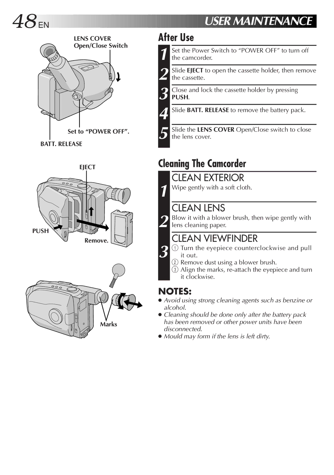 JVC GR-AX480, GR-AX280 specifications After Use, Cleaning The Camcorder, Clean Exterior, Clean Lens, Clean Viewfinder 