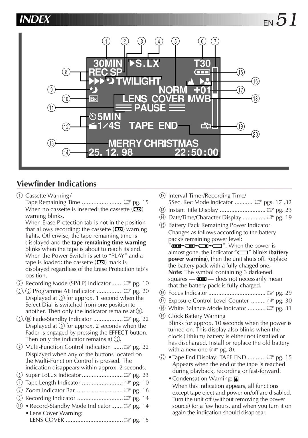 JVC GR-AX280 Lights. Otherwise, the tape remaining time is, Blinks when the tape is about to reach its end, Mark is 