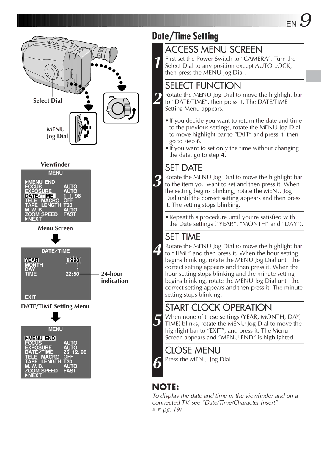 JVC GR-AX280, GR-AX480 specifications Select Dial, Jog Dial Viewfinder, DATE/TIME Setting Menu 