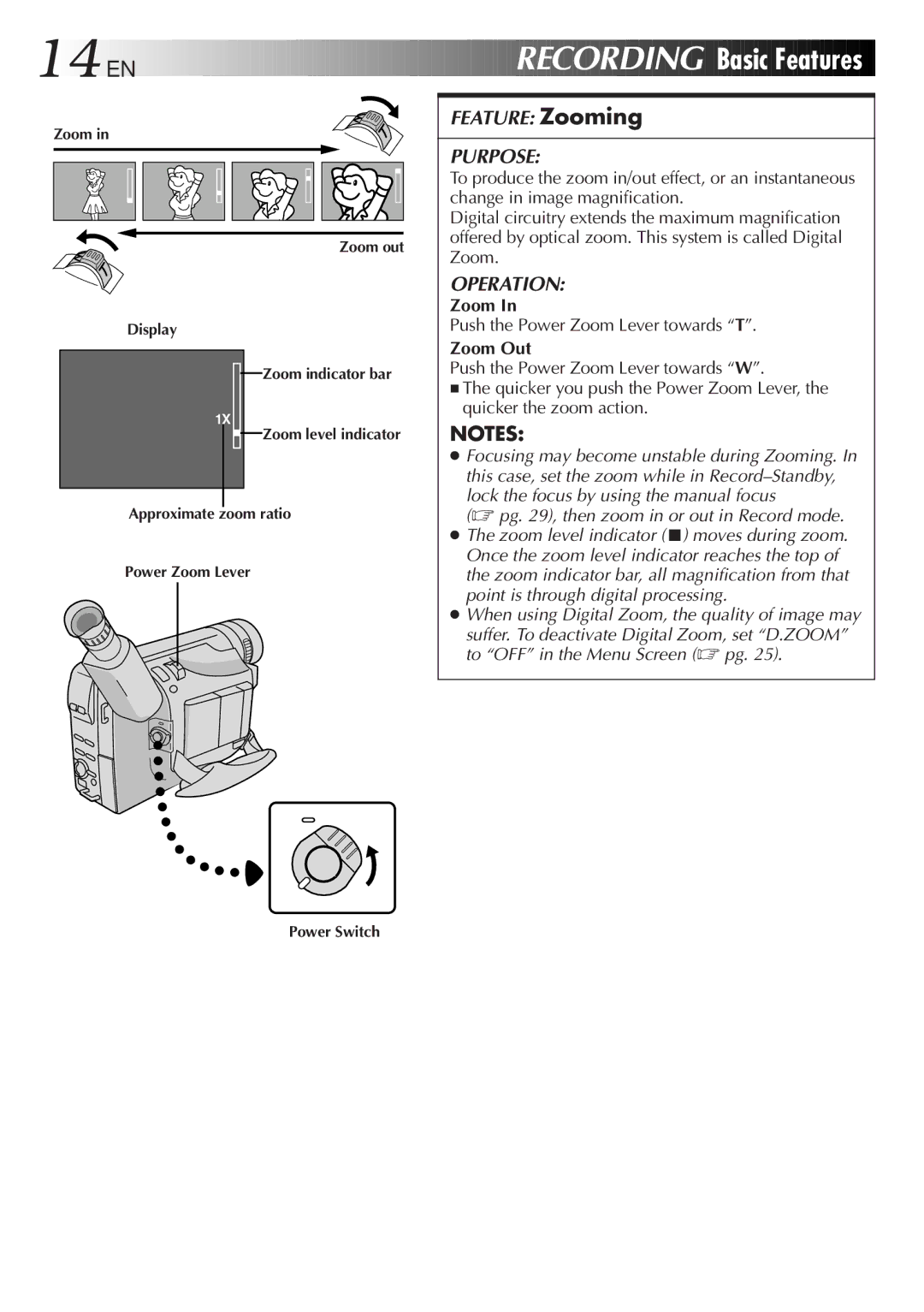 JVC GR-AX301, GR-AX501, GR-AX401, GR-AX201 Basic Features, Push the Power Zoom Lever towards T, Zoom Out, Power Switch 