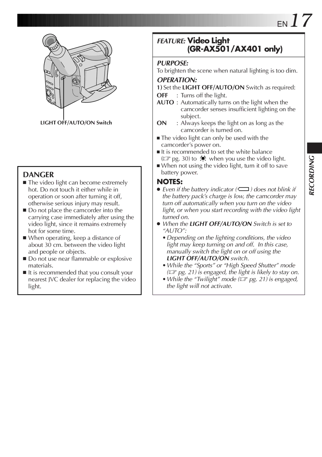 JVC GR-AX401, GR-AX301 Feature Video Light GR-AX501/AX401 only, To brighten the scene when natural lighting is too dim 