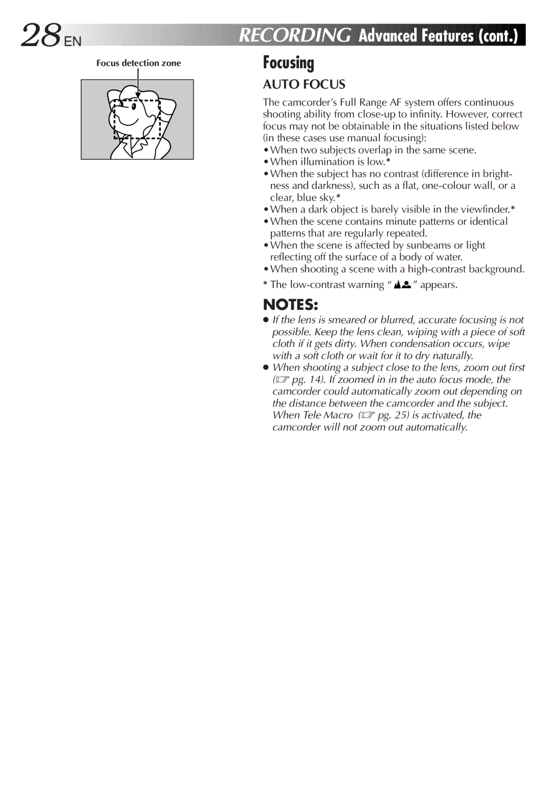 JVC GR-AX501, GR-AX401, GR-AX301 28 EN, Focusing, Auto Focus, Patterns that are regularly repeated, Focus detection zone 