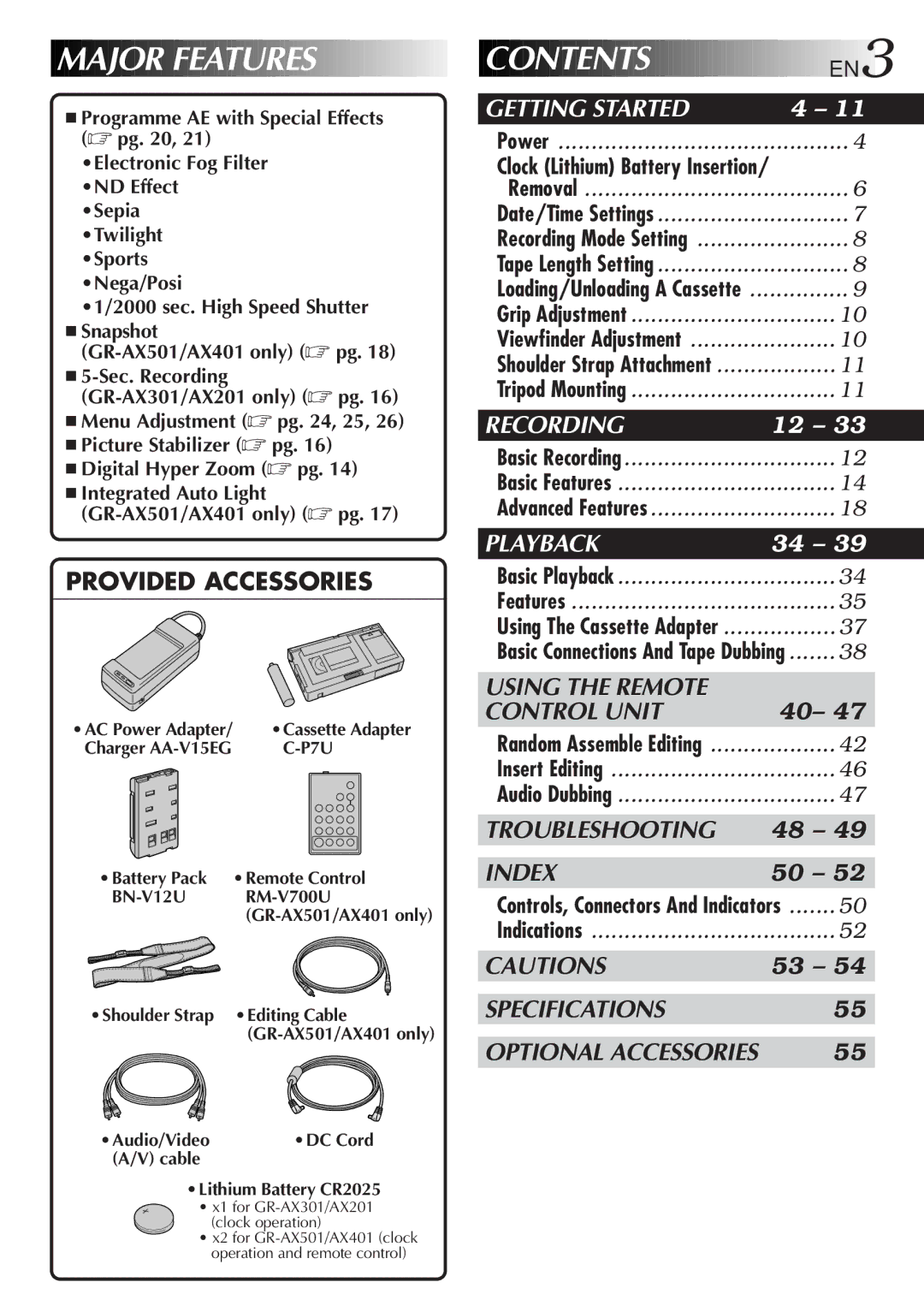 JVC GR-AX201, GR-AX501, GR-AX401, GR-AX301 manual Contents 