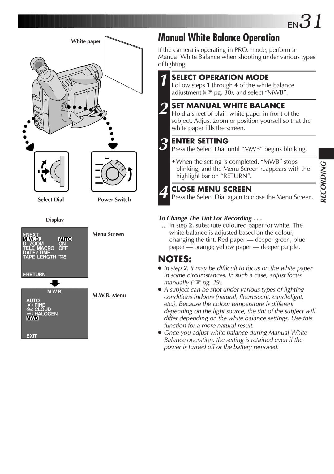 JVC GR-AX201 Manual White Balance Operation, SET Manual White Balance, Enter Setting, To Change The Tint For Recording 