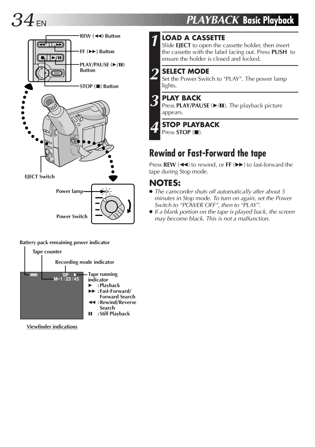 JVC GR-AX301, GR-AX501, GR-AX401 34 EN, Playback Basic Playback, Rewind or Fast-Forward the tape, Play Back, Stop Playback 