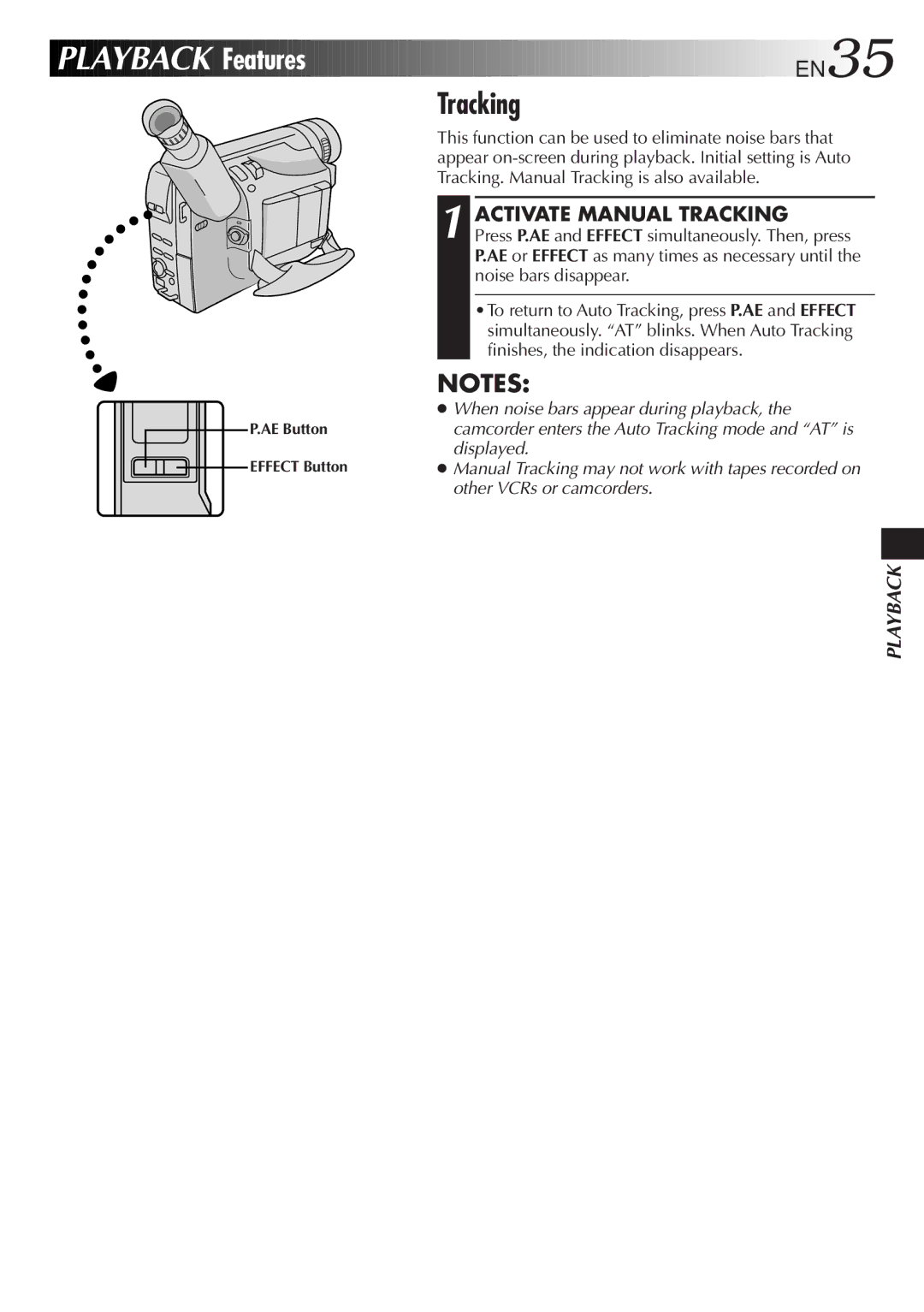 JVC GR-AX201, GR-AX501, GR-AX401, GR-AX301 manual Features, Activate Manual Tracking, AE Button Effect Button 