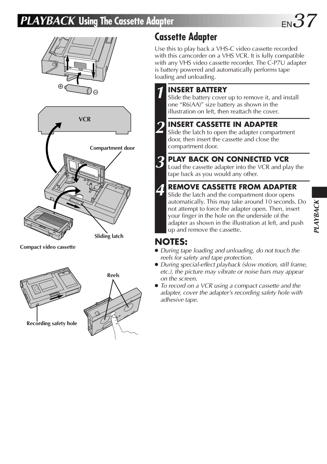 JVC GR-AX401 Using The Cassette Adapter EN37, Insert Battery, Compartment door Sliding latch Compact video cassette Reels 