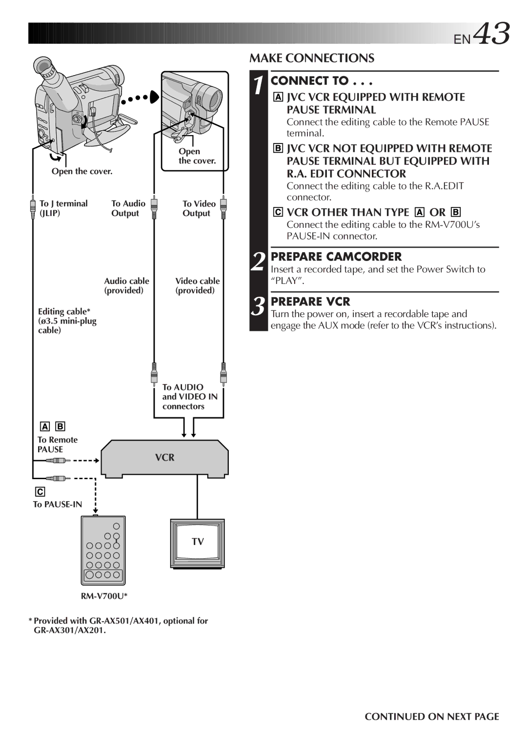 JVC GR-AX201 Make Connections, JVC VCR Equipped with Remote Pause Terminal, VCR Other than Type or, Prepare Camcorder 