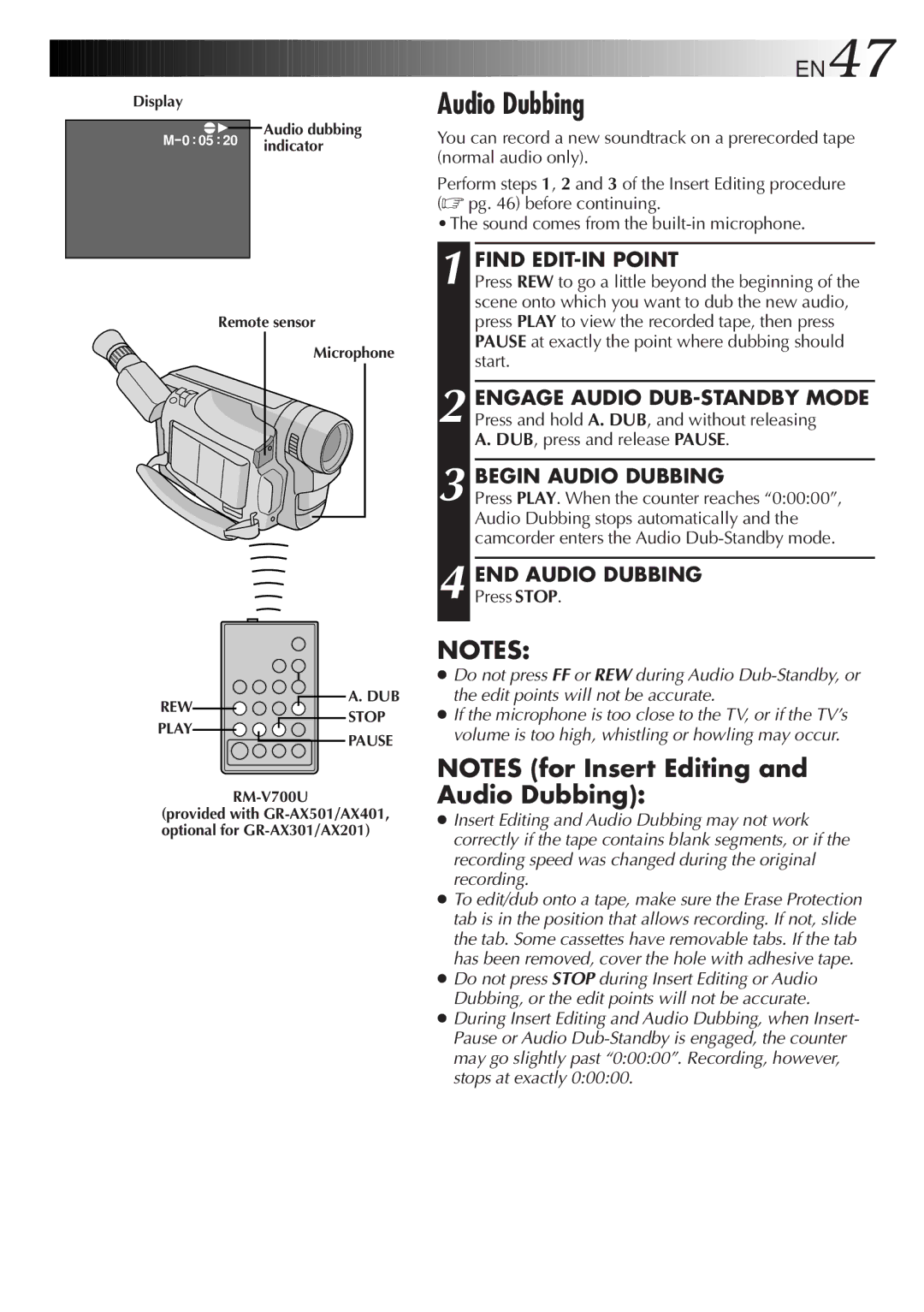 JVC GR-AX201, GR-AX501, GR-AX401, GR-AX301 manual Begin Audio Dubbing, END Audio Dubbing, Remote sensor Microphone 