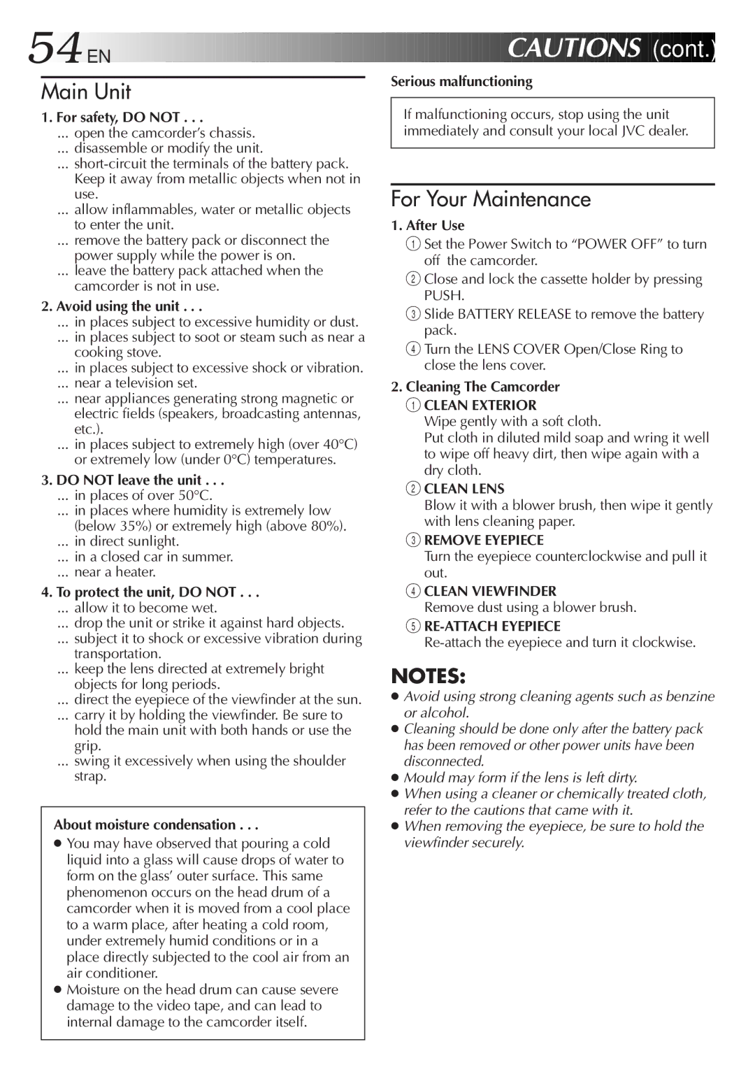 JVC GR-AX301 manual For safety, do not, Avoid using the unit, Do not leave the unit, To protect the unit, do not, After Use 