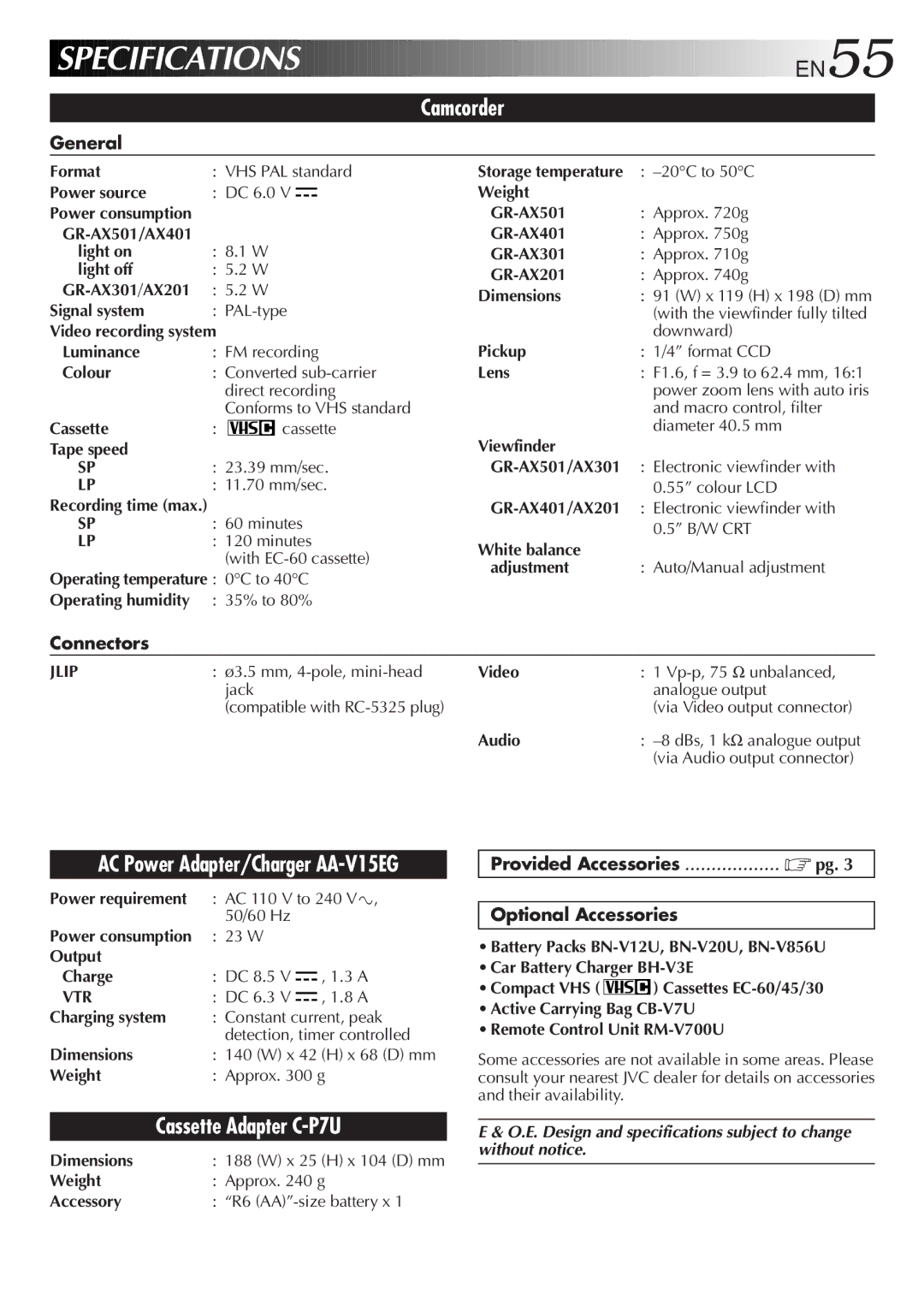 JVC GR-AX201 manual General, Connectors, Provided Accessories Optional Accessories, Storage temperature, Power consumption 