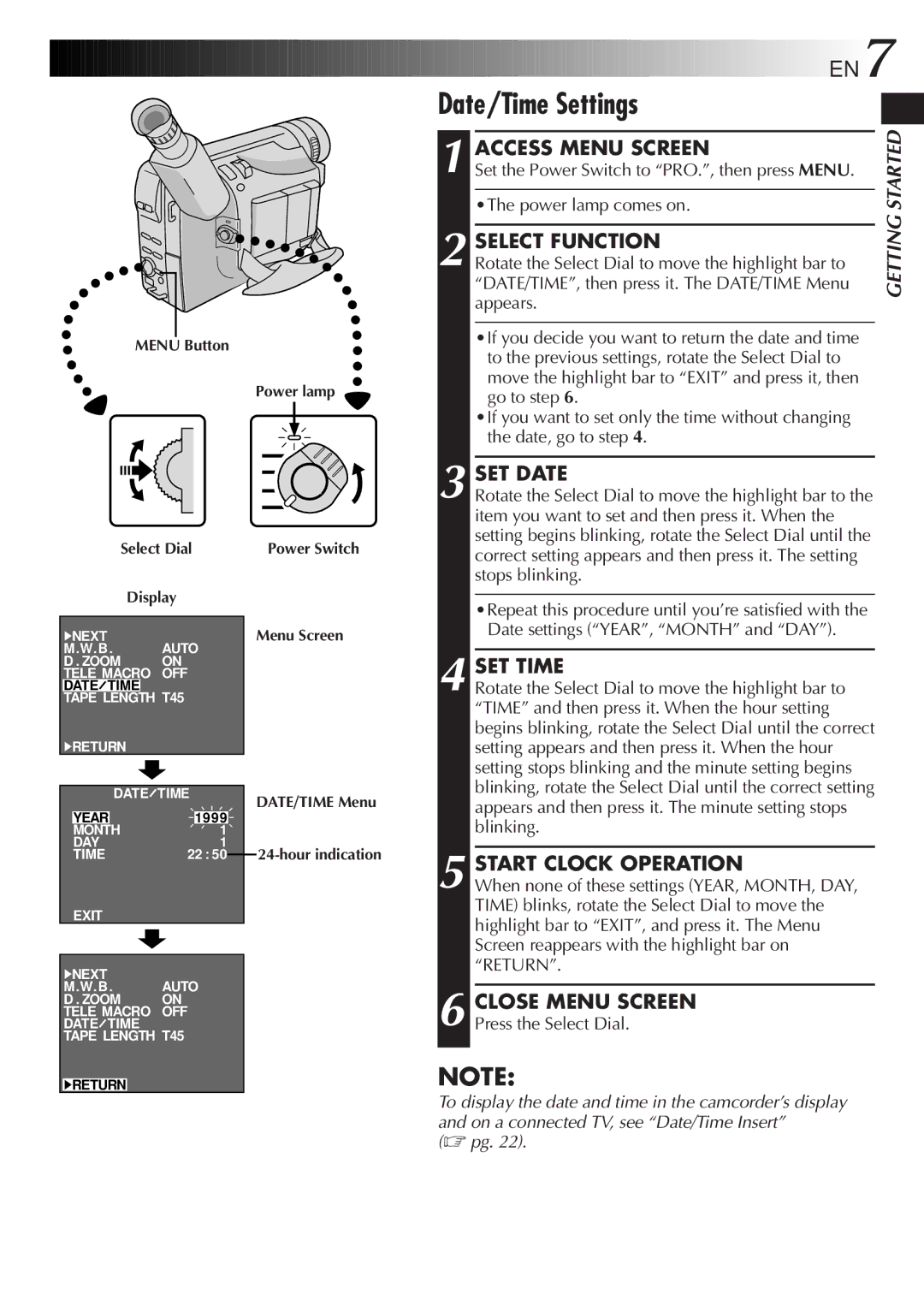 JVC GR-AX201, GR-AX501, GR-AX401, GR-AX301 manual Date/Time Settings 