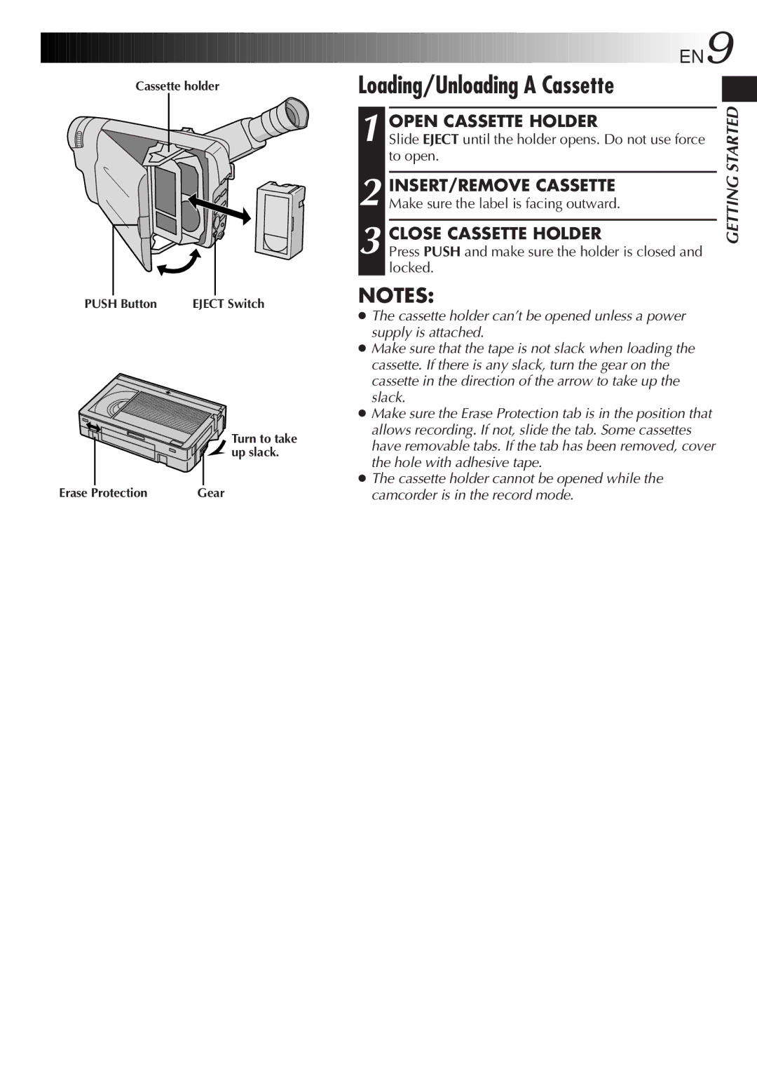 JVC GR-AX401, GR-AX501 Loading/Unloading a Cassette, Open Cassette Holder, Close Cassette Holder, INSERT/REMOVE Cassette 