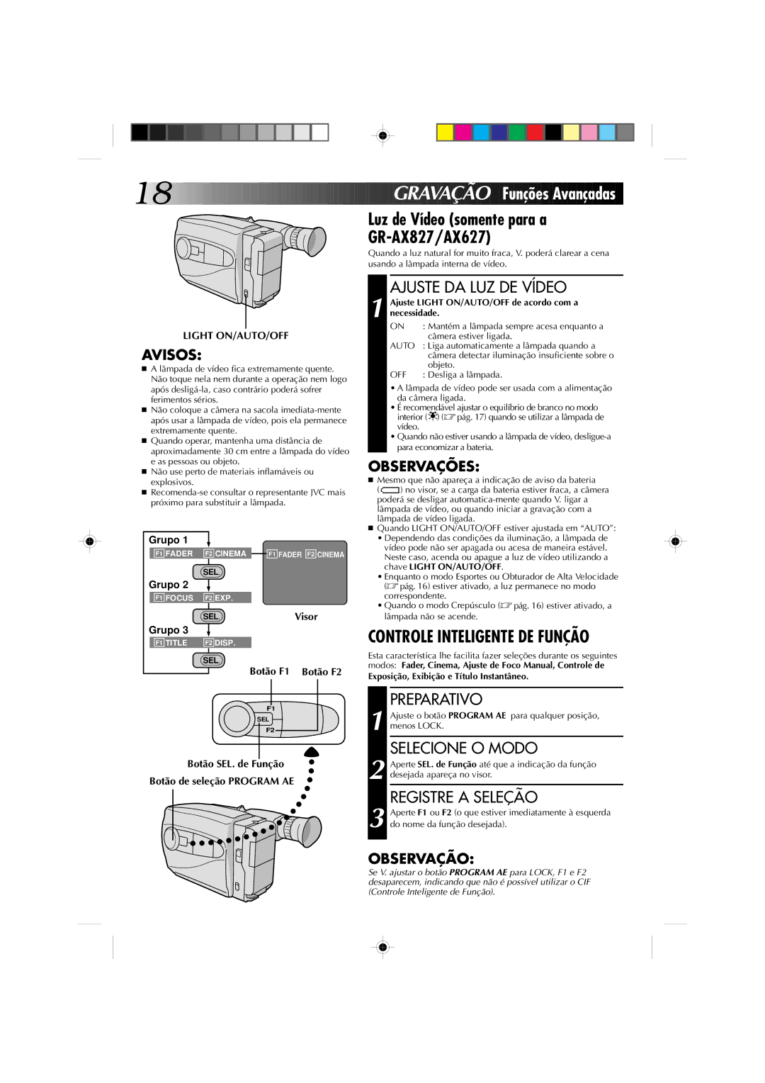 JVC GR-AX527 manual Luz de Vídeo somente para a GR-AX827/AX627, Ajuste DA LUZ DE Vídeo, Preparativo, Registre a Seleção 