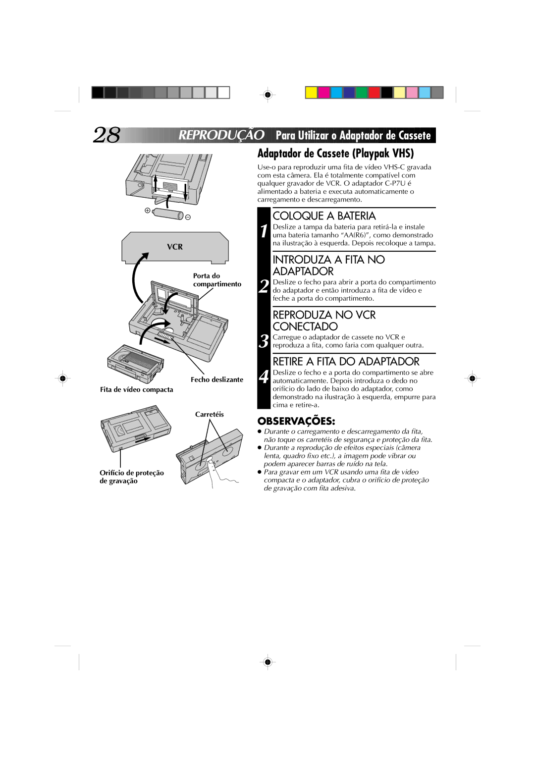 JVC GR-AX527, GR-AX627, GR-AX827, GR-AX727 manual Reprodução, Fecho deslizante Fita de vídeo compacta Carretéis 