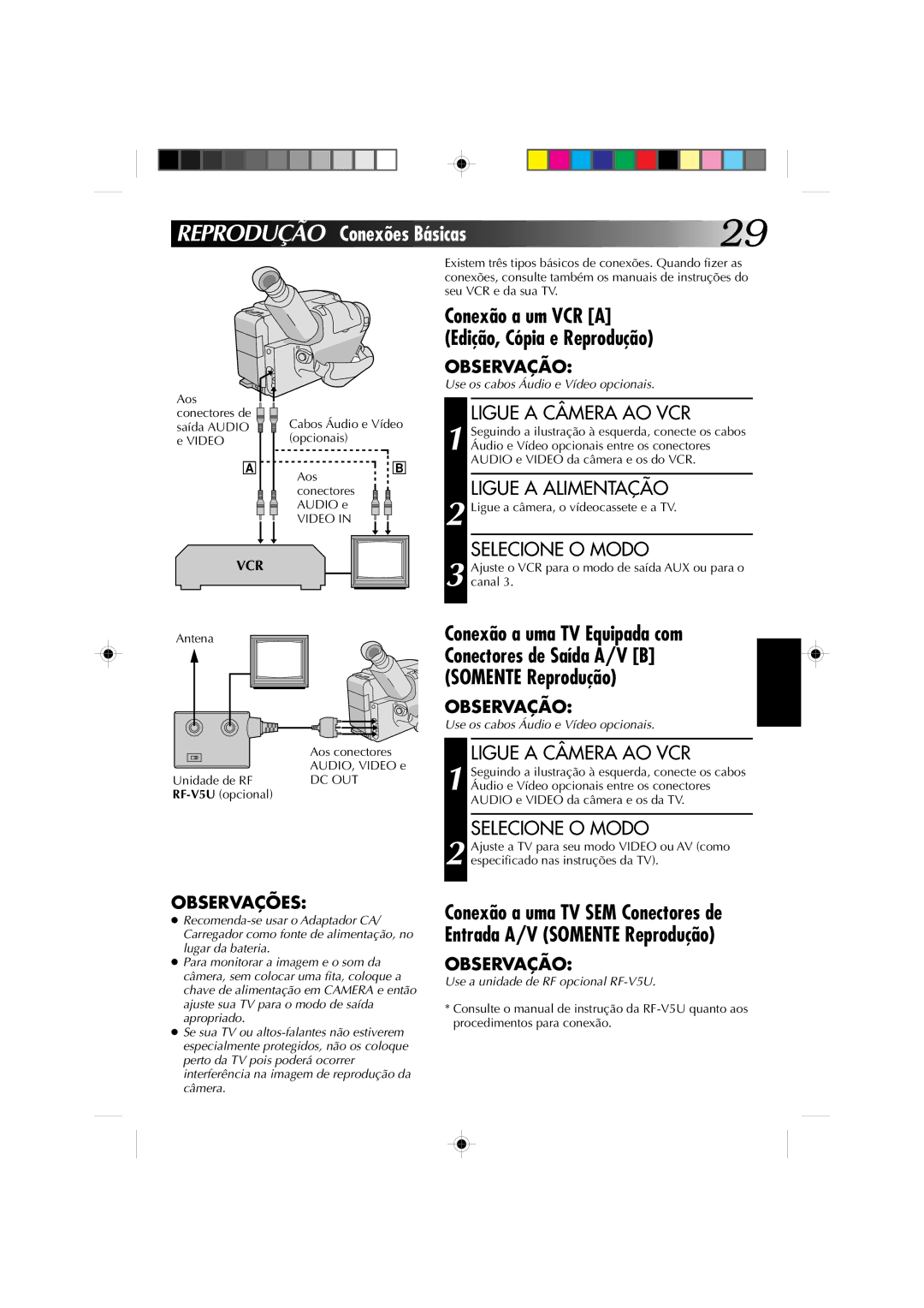 JVC GR-AX627, GR-AX527 Reprodução Conexões Básicas, Ligue a Câmera AO VCR, Conexão a um VCR a Edição, Cópia e Reprodução 