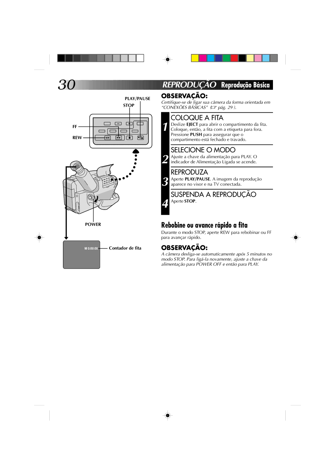 JVC GR-AX827, GR-AX527 Reprodução Reprodução Básica, Rebobine ou avance rápido a fita, Reproduza, Suspenda a Reprodução 