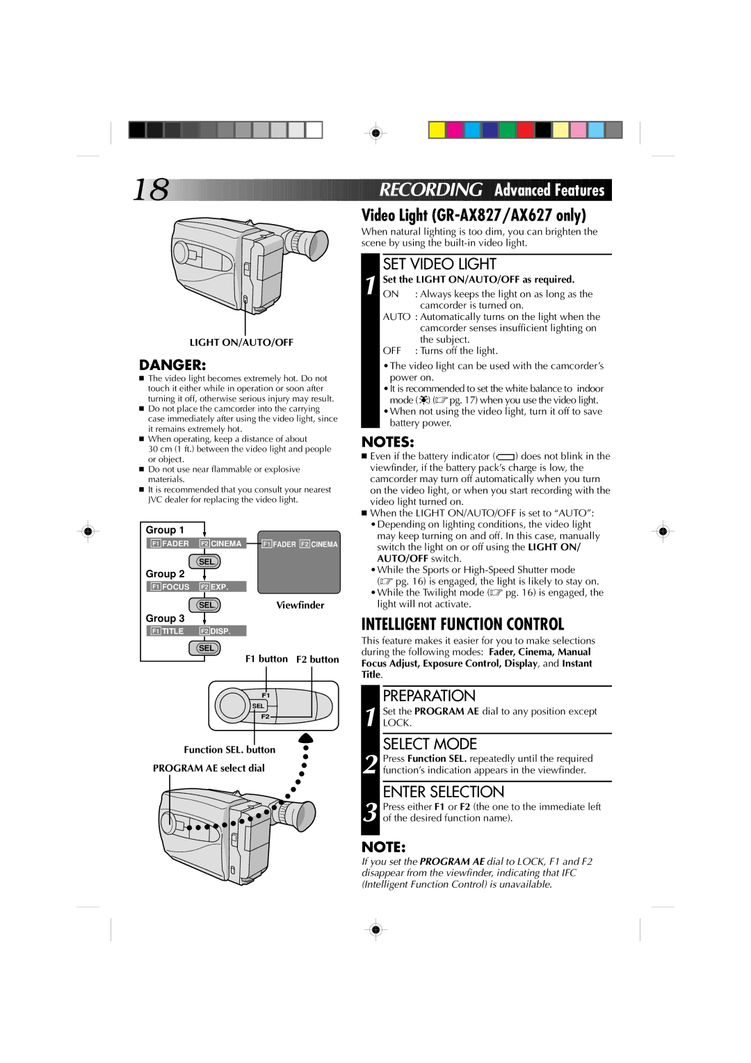 JVC GR-AX527 manual Video Light GR-AX827/AX627 only, SET Video Light, Preparation, Enter Selection, Light ON/AUTO/OFF 