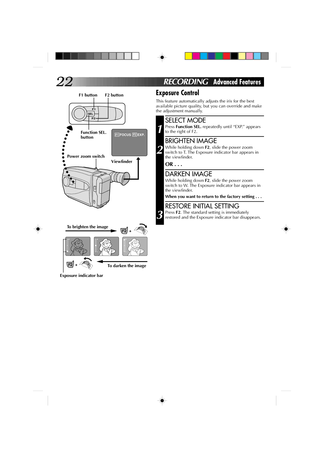 JVC GR-AX827, GR-AX527, GR-AX627, GR-AX727 manual Exposure Control, Brighten Image, Darken Image, Restore Initial Setting 