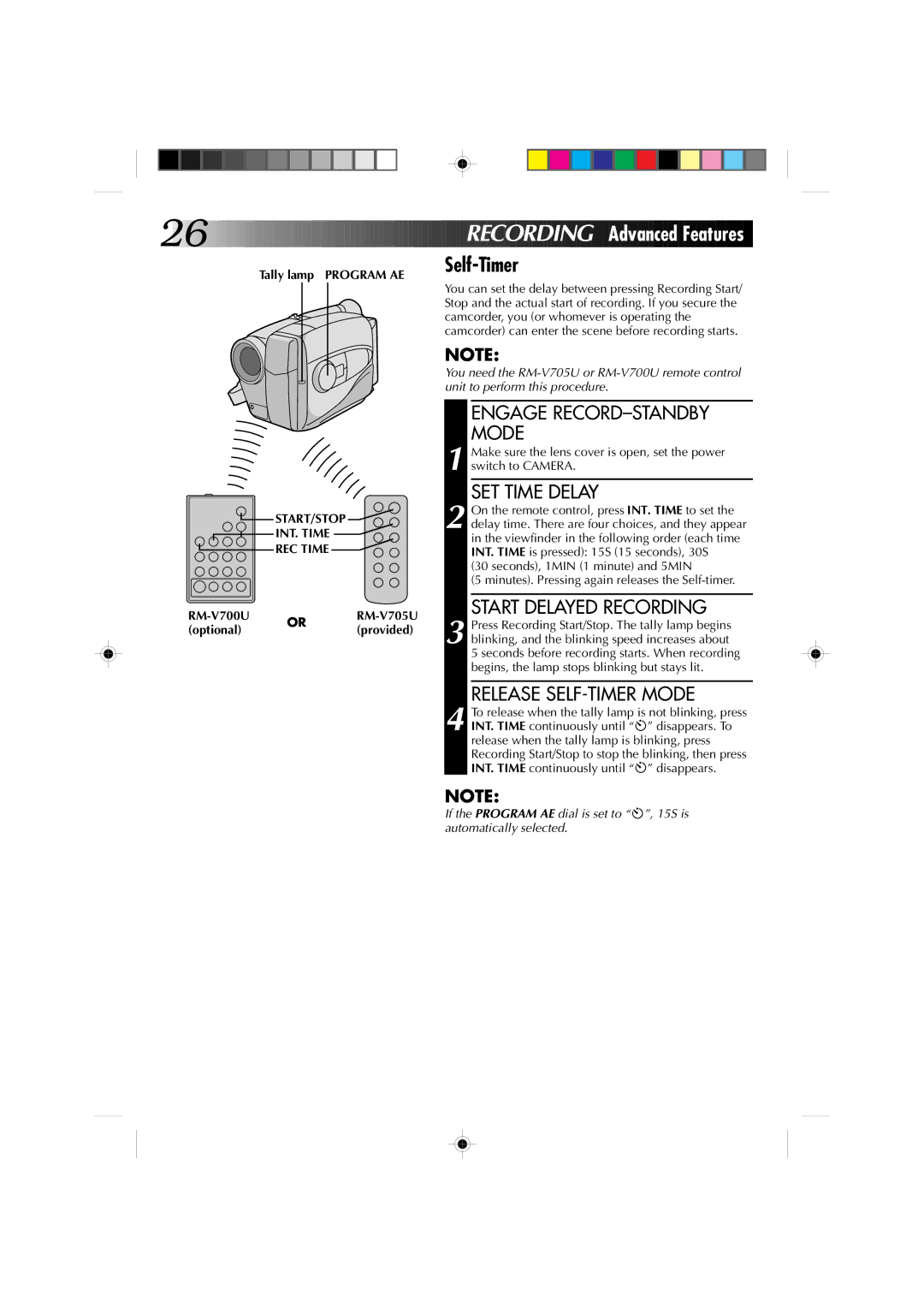 JVC GR-AX827 manual Recording, Tally lamp Program AE, START/STOP INT. Time REC Time, RM-V700U RM-V705U, Optional Provided 