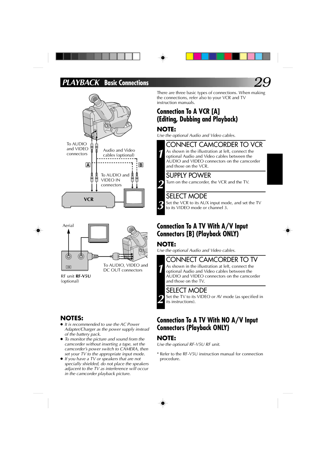 JVC GR-AX627, GR-AX527, GR-AX827, GR-AX727 Playback Basic Connections, Connect Camcorder to VCR, Connect Camcorder to TV 