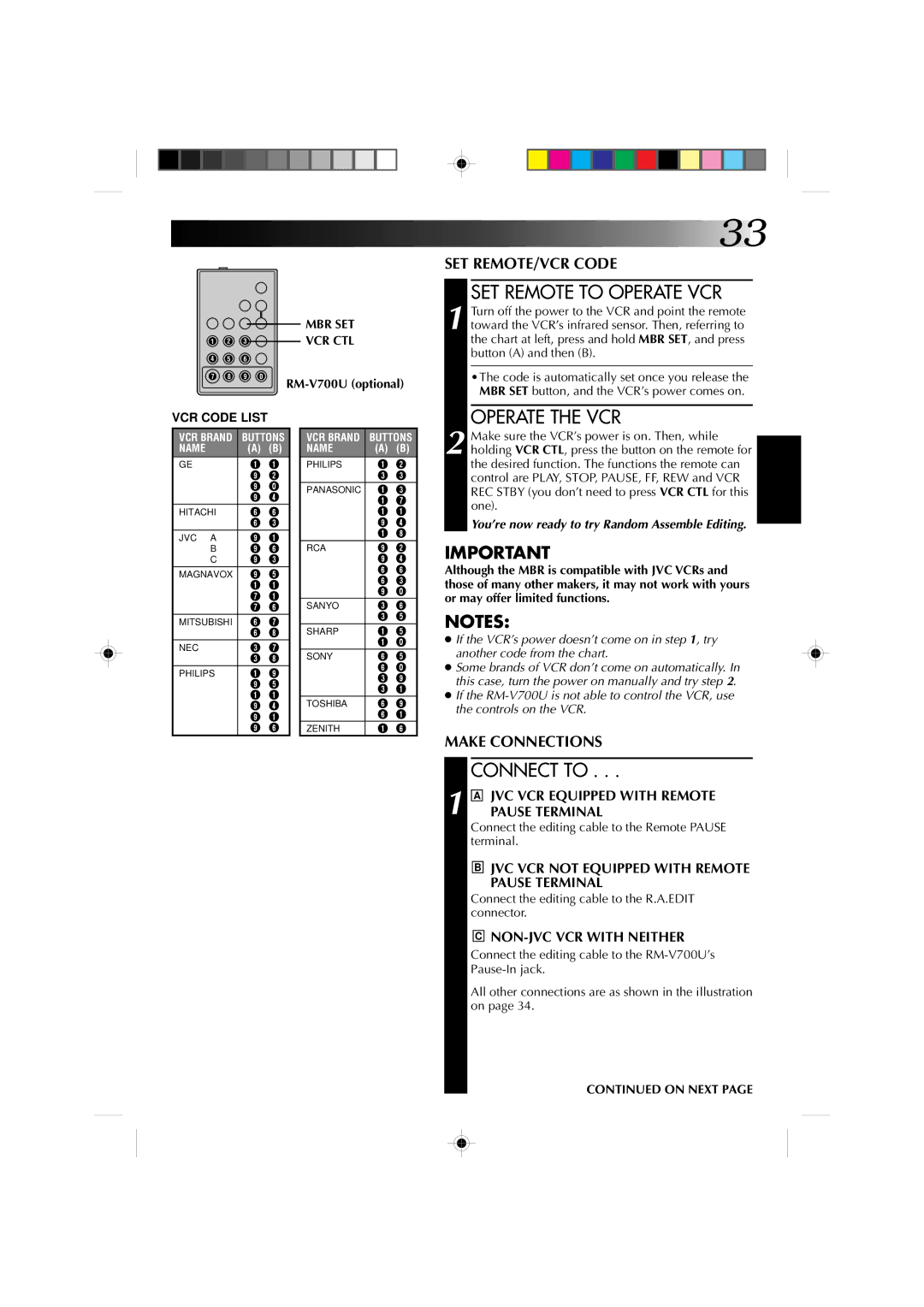 JVC GR-AX627, GR-AX527, GR-AX827, GR-AX727 manual SET Remote to Operate VCR, Operate the VCR, Connect to 